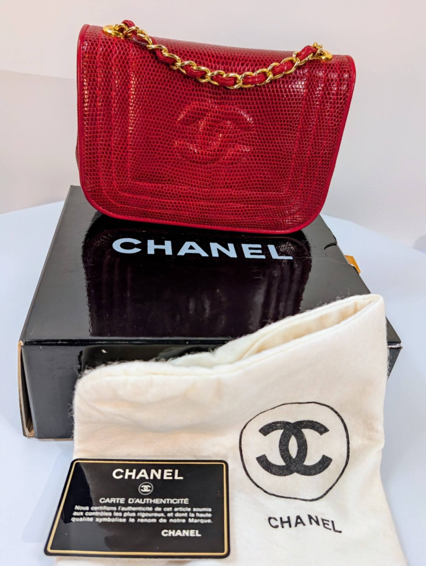 Chanel Rare   Red Lizard Leather Mini Rectangular Flap Bag