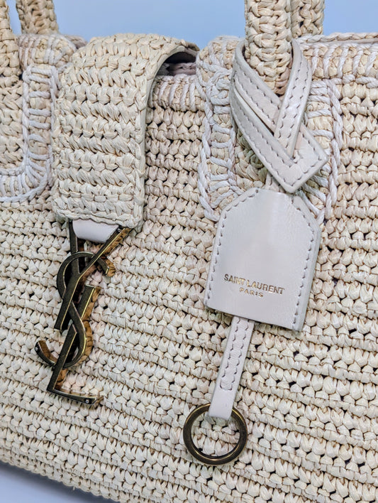 YSL Saint Laurent Light Brown Raffia Crochet Caba Tote Bag with Antiqued Gold Hardware