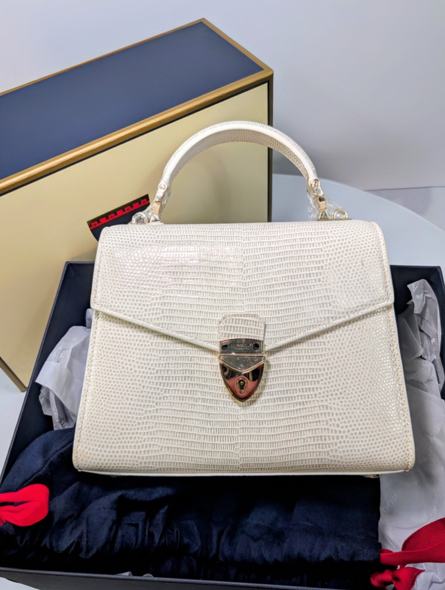 Aspinal of London White Metallica Lizard Midi Mayfair 2 Bag