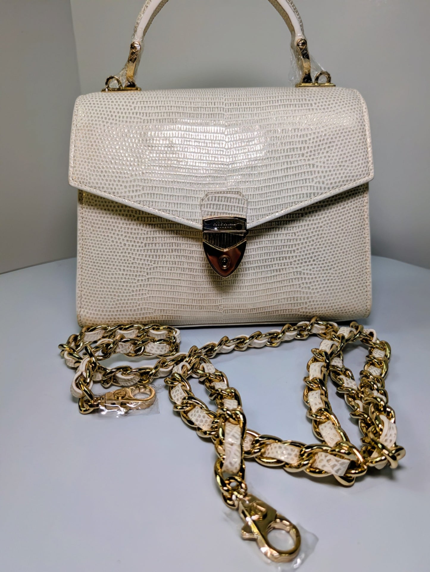 Aspinal of London White Metallica Lizard Midi Mayfair 2 Bag