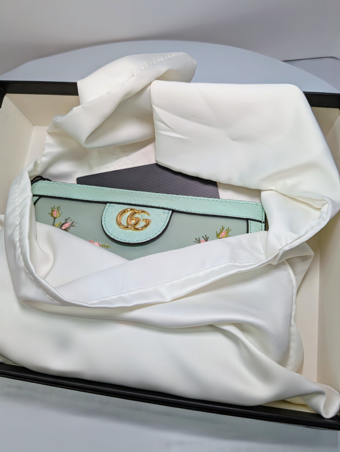 Gucci Mint Green Ophidia Floral Embroidered Satin, Python Shoulder Bag w Tags