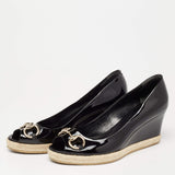 GUCCI PATENT LEATHER HORSEBIT PEEP TOE WEDGE HEEL PUMPS