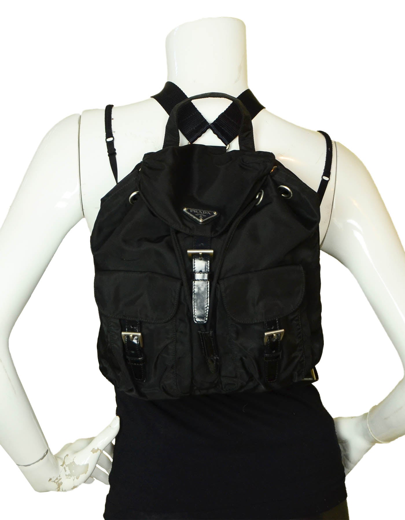 Prada Black Nylon Small Backpack Bag w/ Front Buckle Pockets