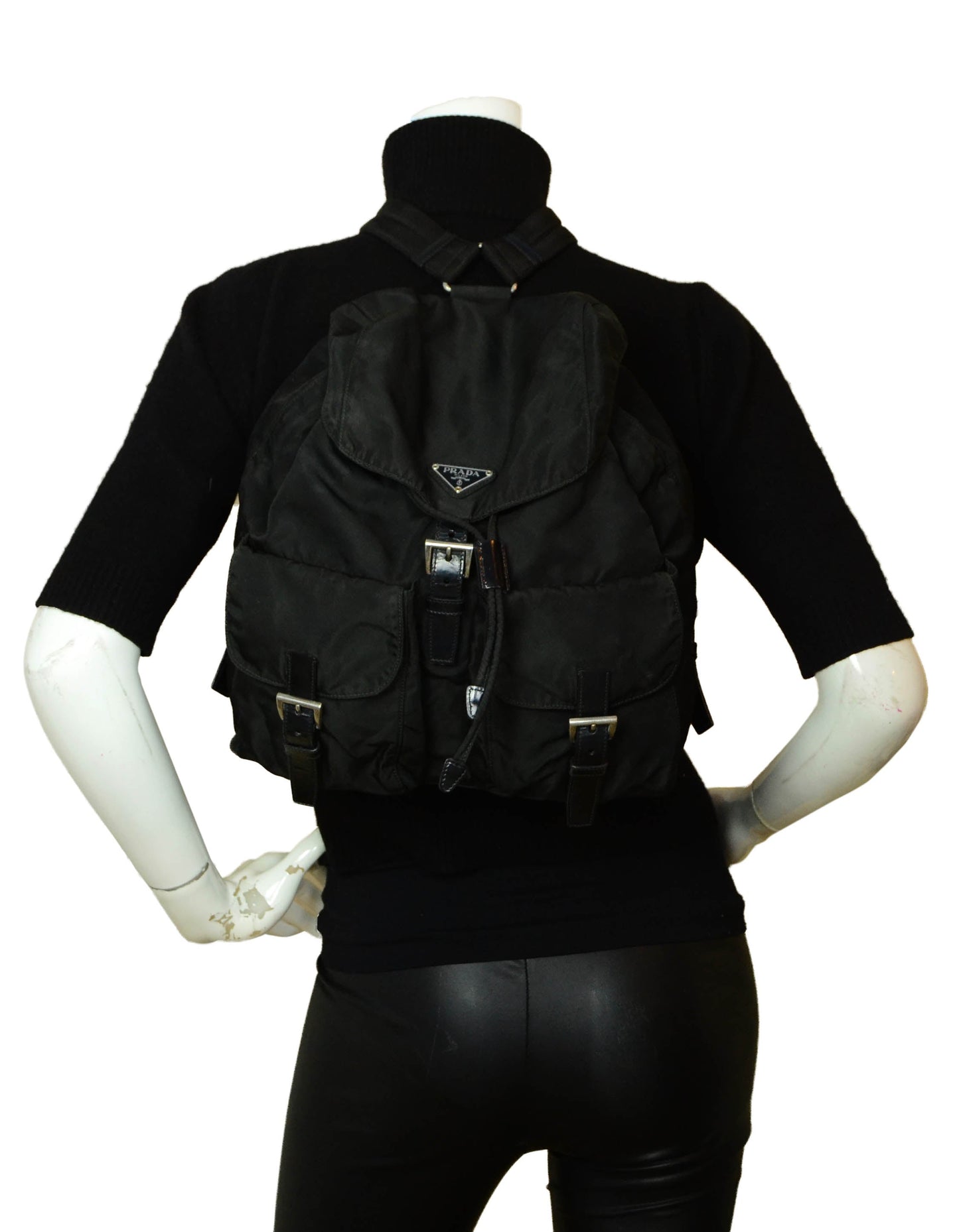 Prada Black Nylon Double Buckle Backpack Bag