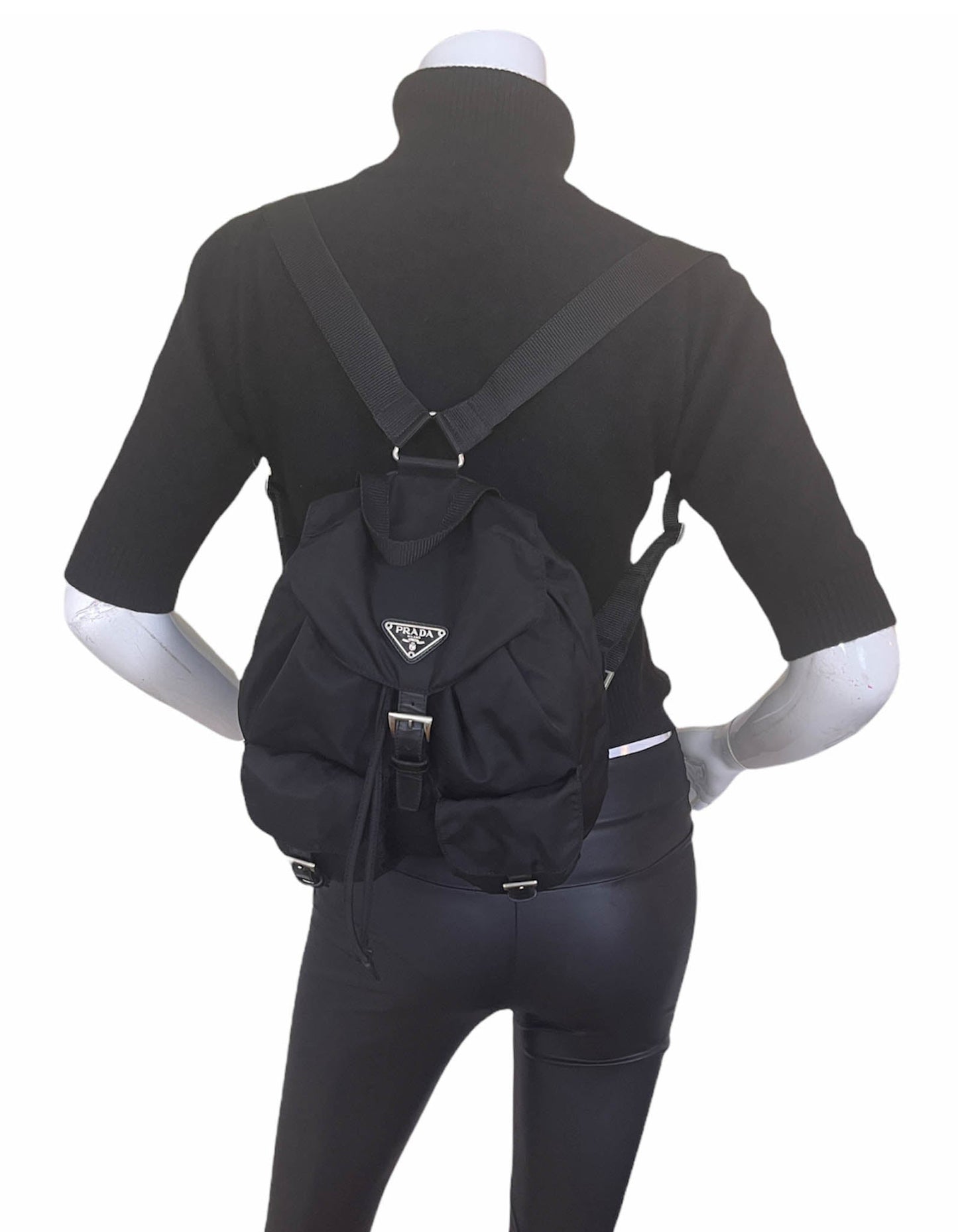 Prada Black Nylon Small Backpack Bag w/ Front Buckle Pockets
