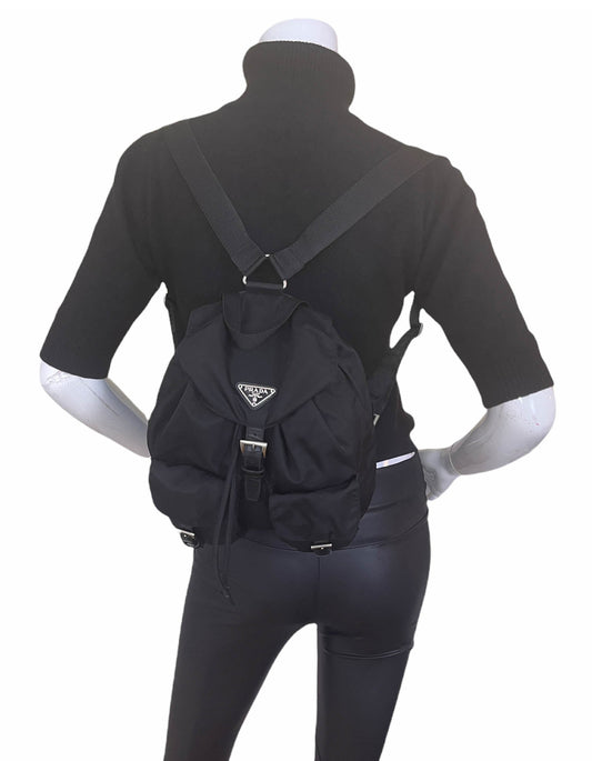 Prada Black Nylon Small Backpack Bag w/ Front Buckle Pockets