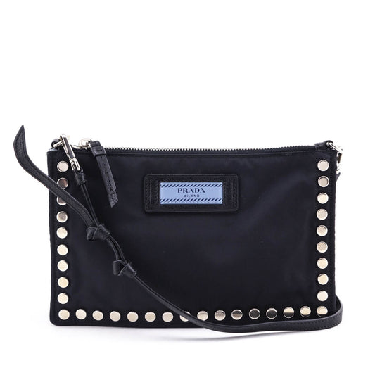 Prada Black Nylon Studded Etiquette Zip Shoulder Bag