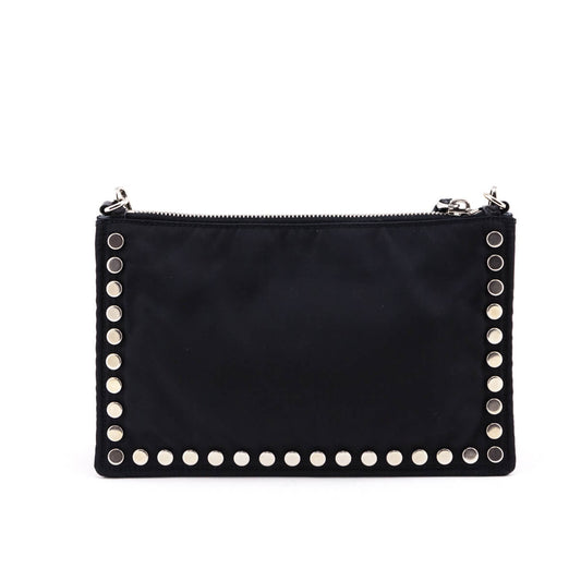 Prada Black Nylon Studded Etiquette Zip Shoulder Bag