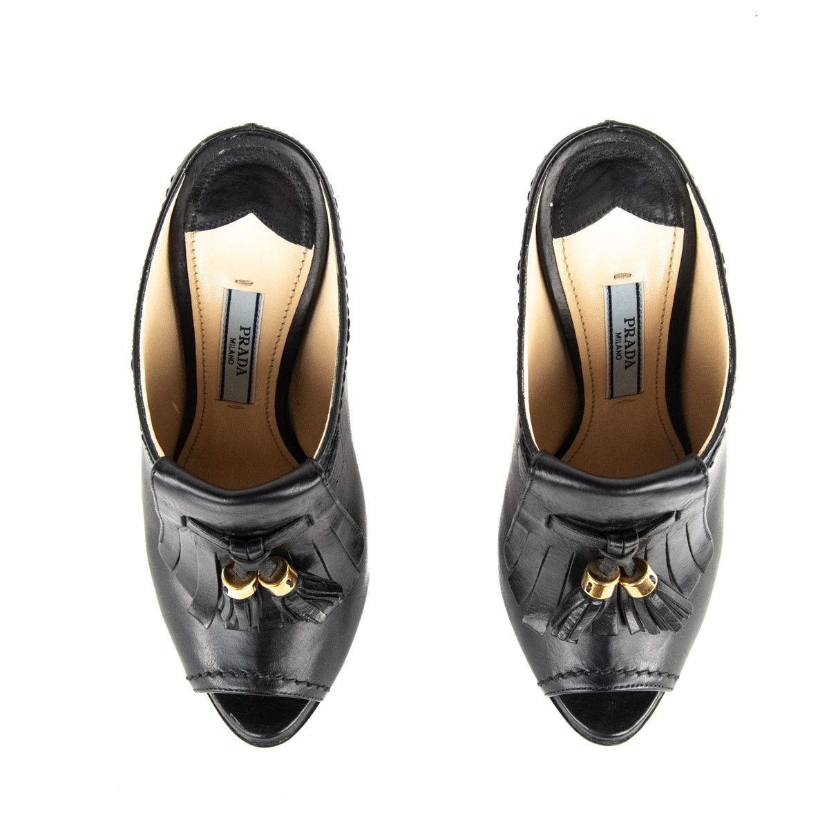 Prada Black Tassel Platform Peep Toe Mules Size US 5 | EU 35