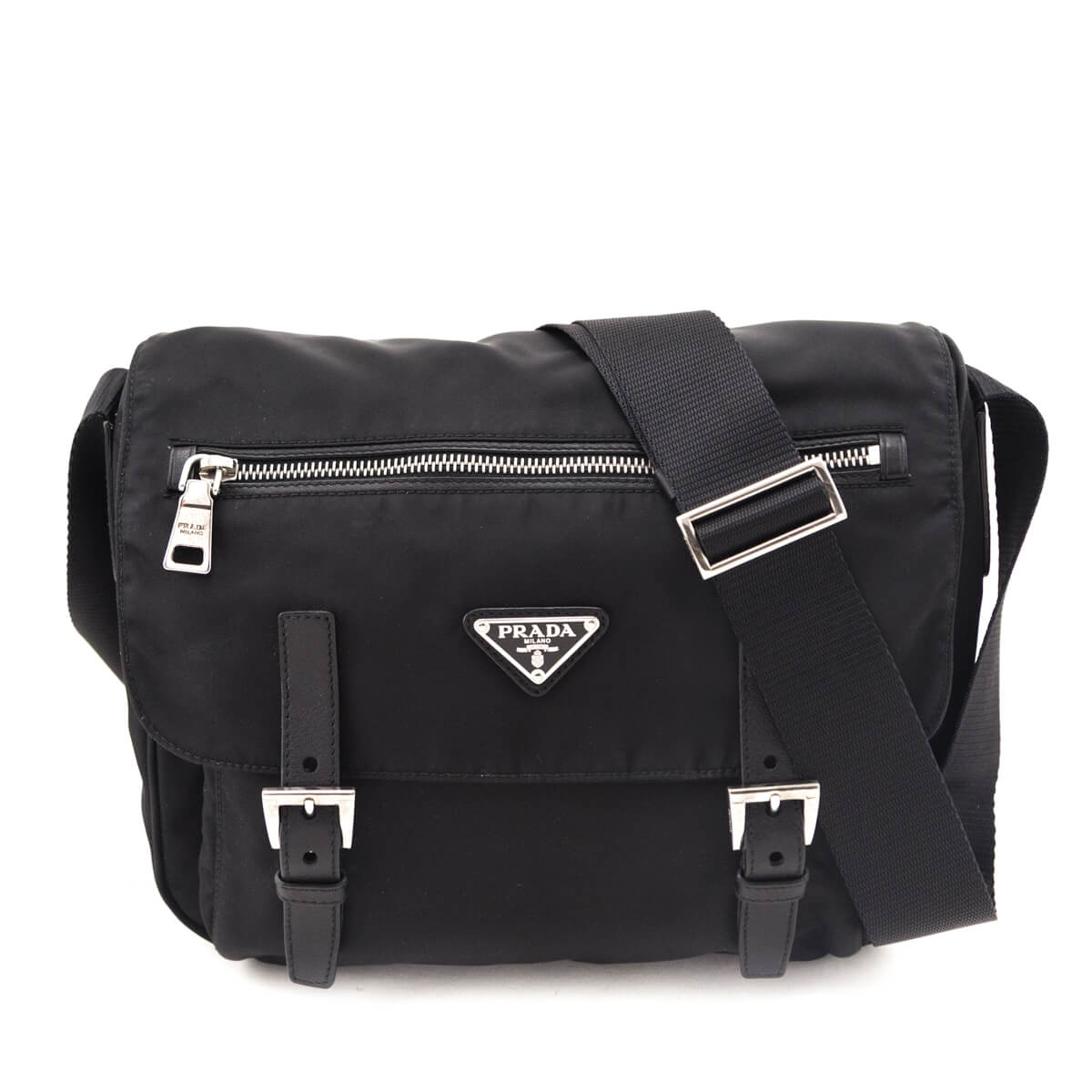 Prada Black Tessuto Nylon Double Buckle Small Messenger Bag
