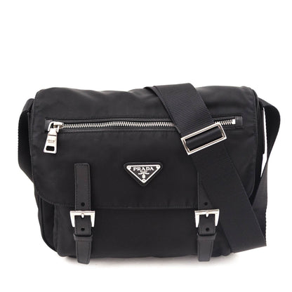 Prada Black Tessuto Nylon Double Buckle Small Messenger Bag