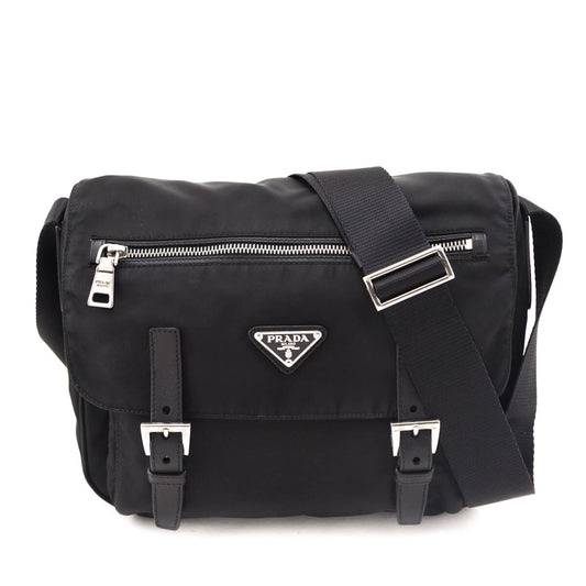Prada Black Tessuto Nylon Double Buckle Small Messenger Bag