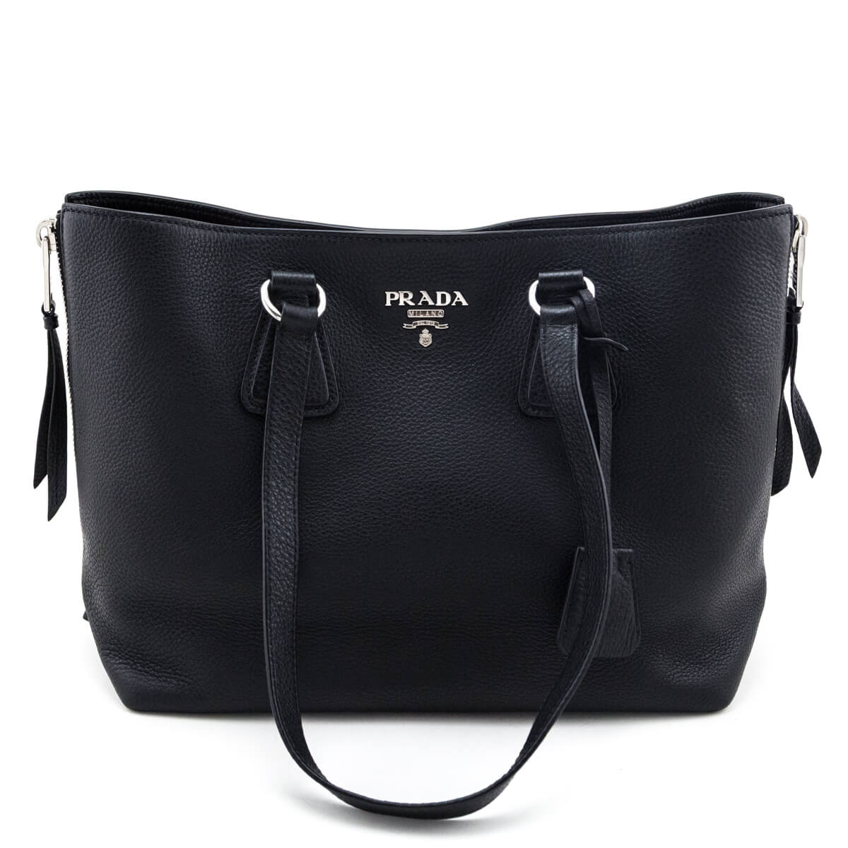 Prada Black Vitello Phenix Side Zip Shopping Tote