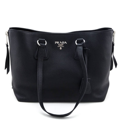 Prada Black Vitello Phenix Side Zip Shopping Tote