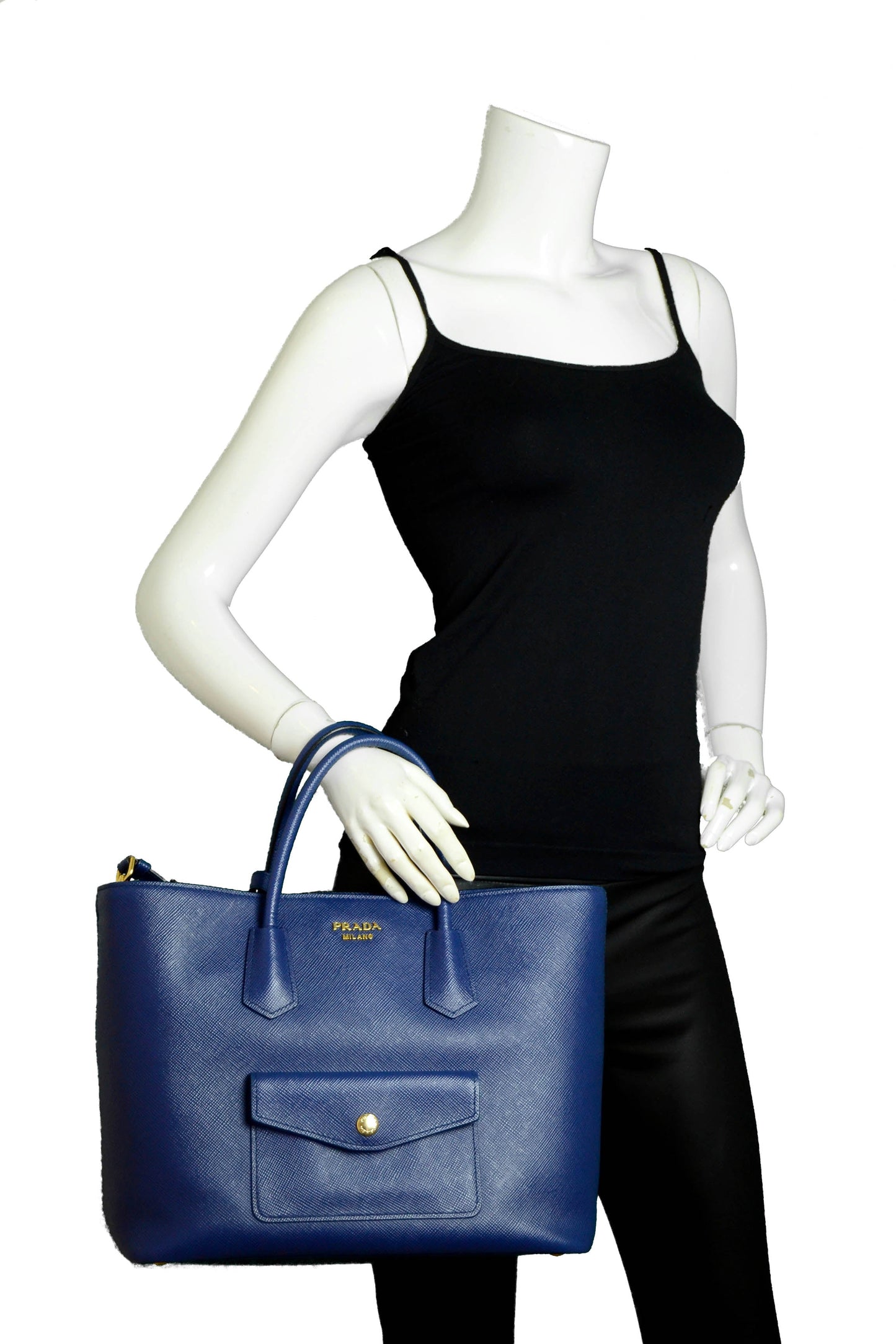Prada Bluette Saffiano Front Pocket Tote Bag