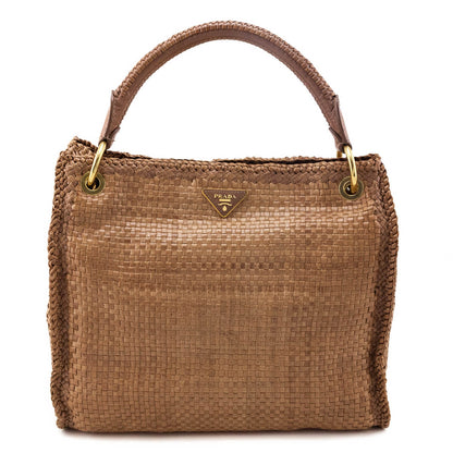 Prada Natural Woven Madras Leather Top Handle Bag