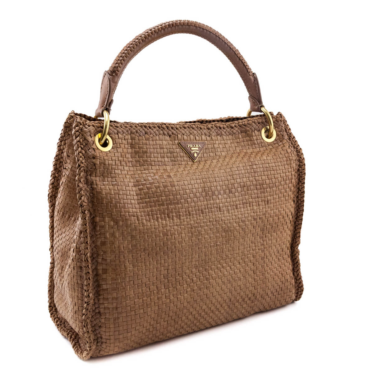 Prada Natural Woven Madras Leather Top Handle Bag