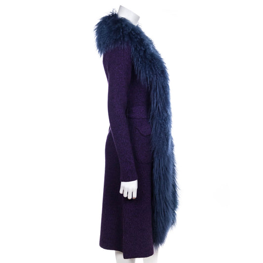 Prada Purple Knit Mongolian Lamb Embellished Belted Cardigan Size XS | IT 38
