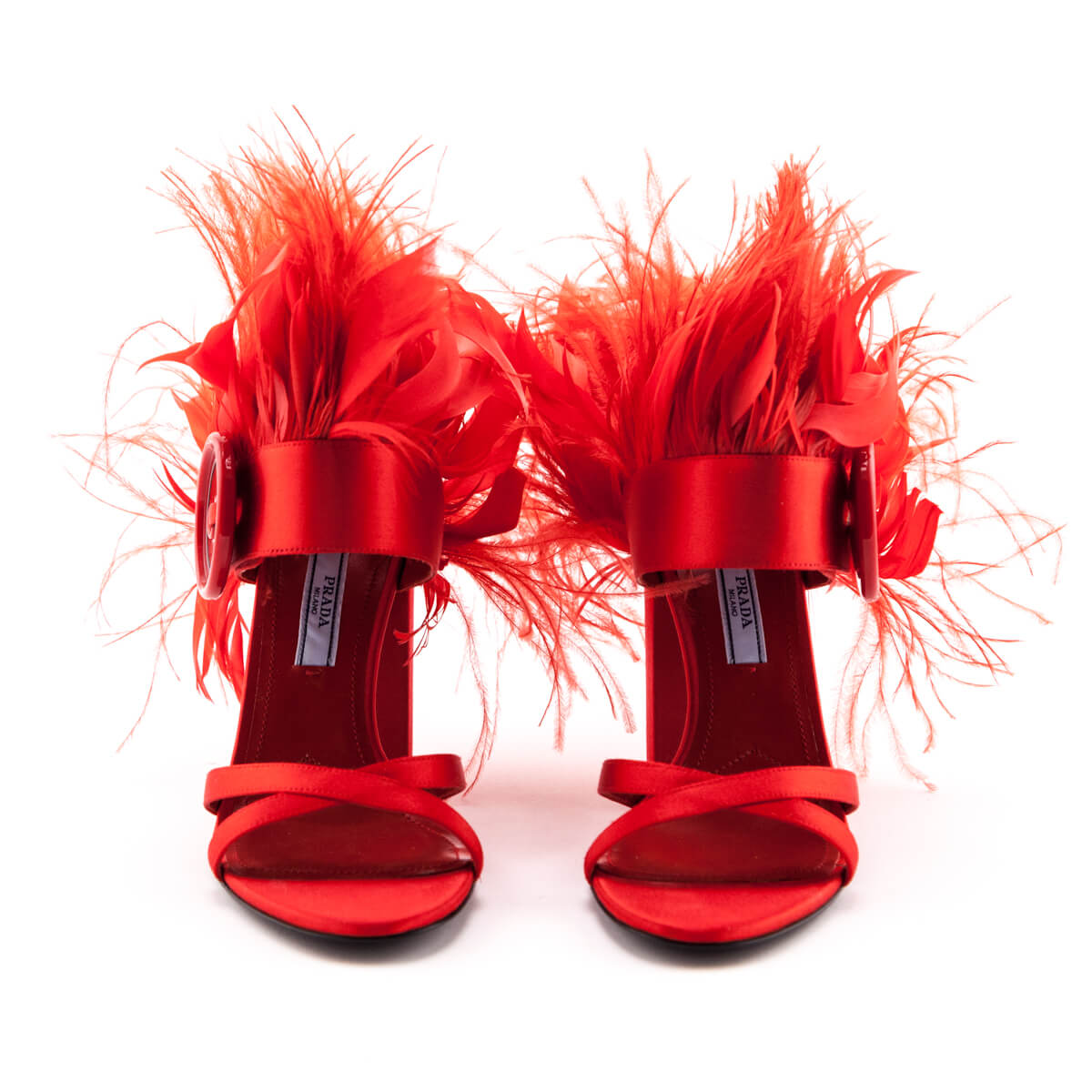 Prada Red Satin Feather Embellished Sandals Size US 6 | EU 36