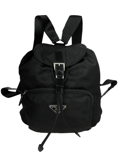 Prada Black Nylon Backpack Bag with Front Zipper Pocket
