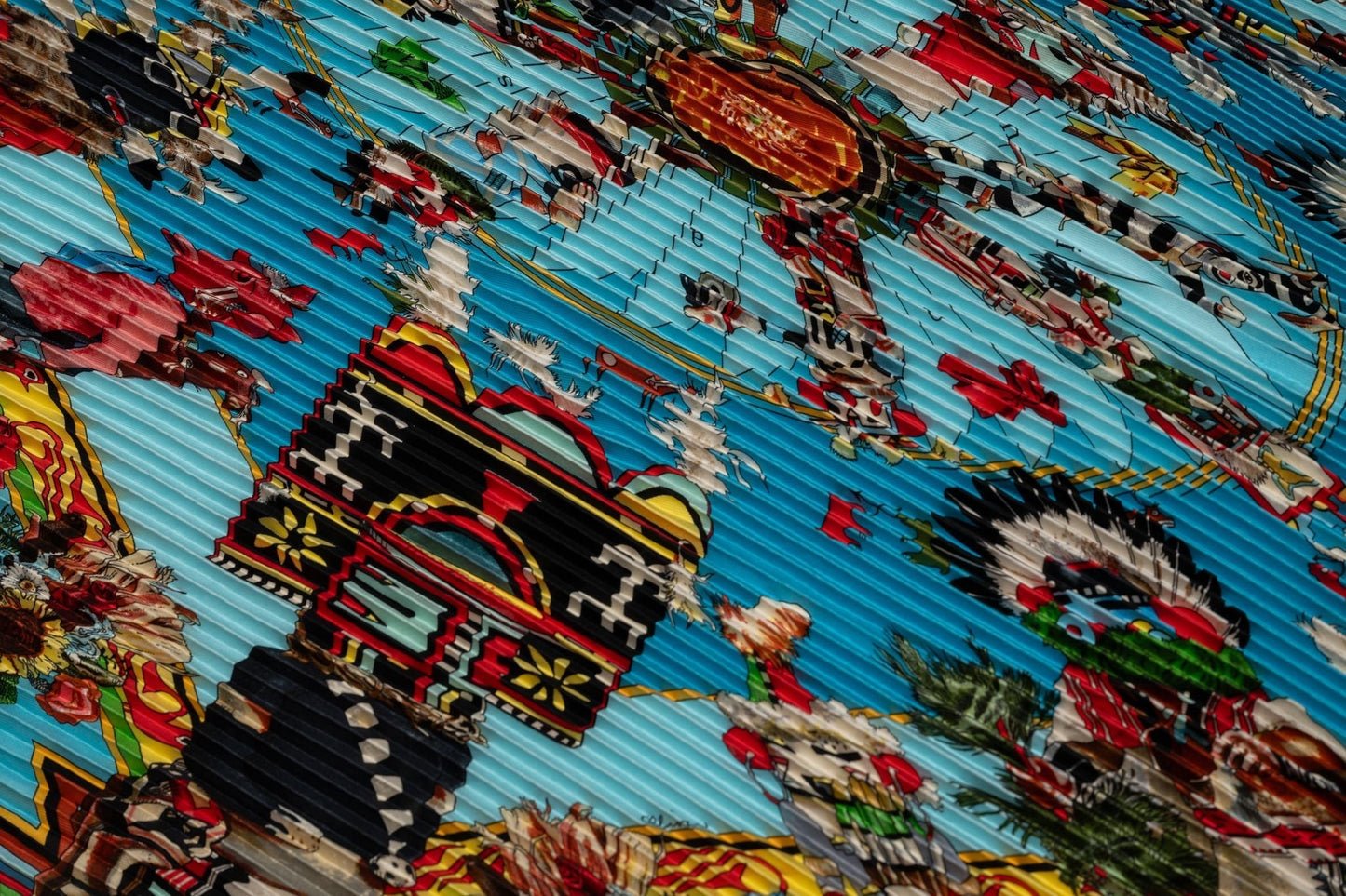 Hermes Turquoise Pleated Kachinas Scarf