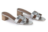 Hermes Silver Leather Oasis Slide Sandal