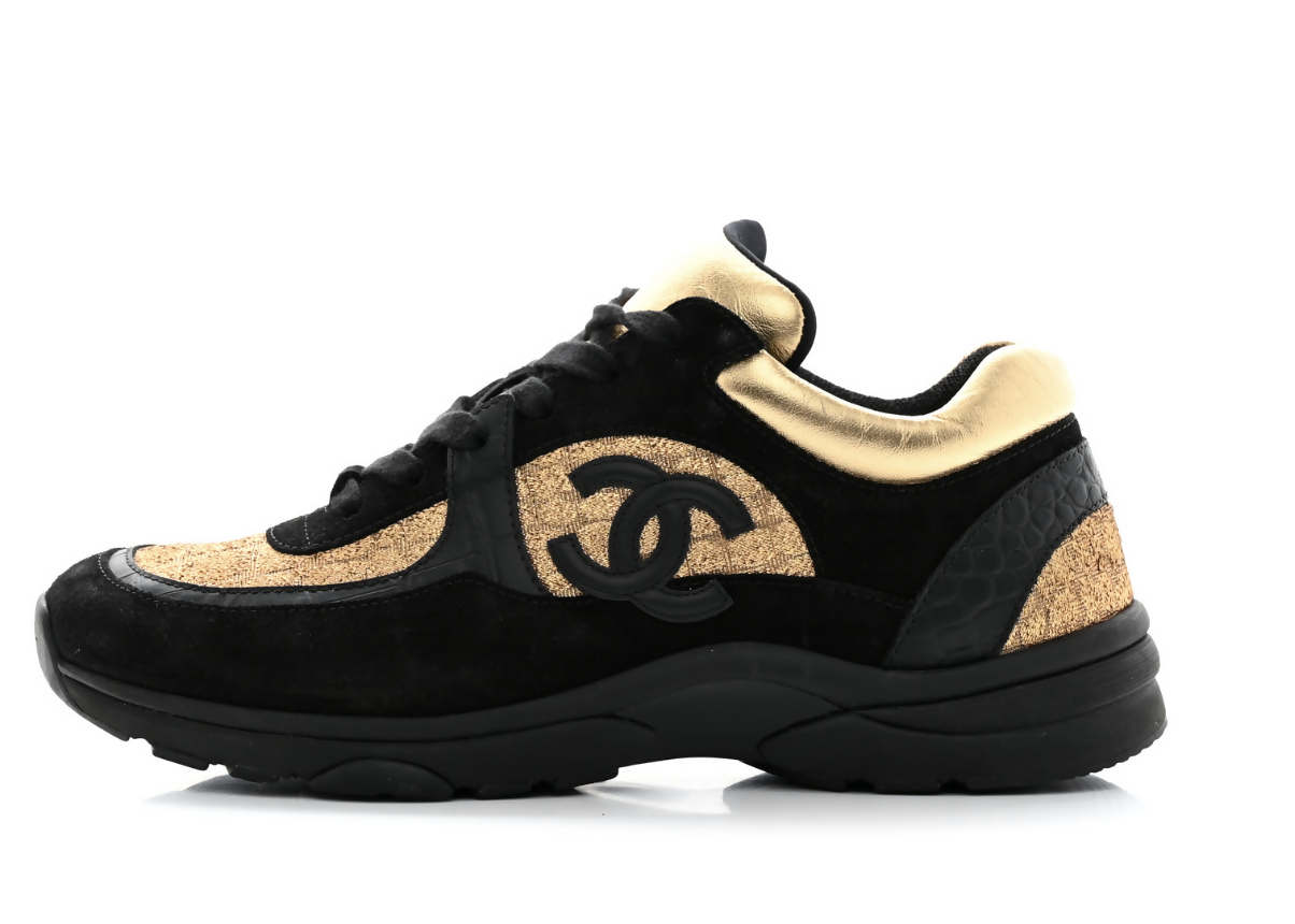 Chanel Black/Gold Suede and Leather CC Low Top Sneakers - FULL SET