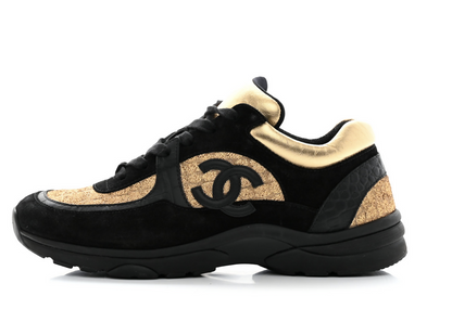 Chanel Black/Gold Suede and Leather CC Low Top Sneakers - FULL SET