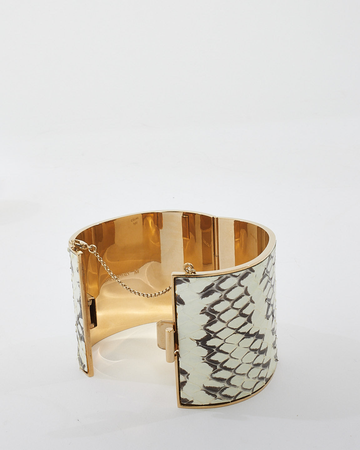 Celine White & Grey Python Metal Edge Cuff Bracelet - M