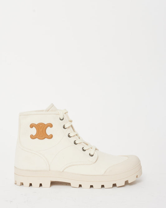 Celine Cream Canvas & Brown Triomphe Logo Patapans Boots - 41