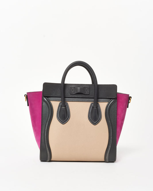 Celine Fuchsia Suede Black & Taupe Nano Luggage Tote WITH/ Out Strap