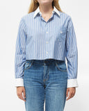 Celine Blue & White Striped Cotton Logo Cropped Button Down Shirt - 34