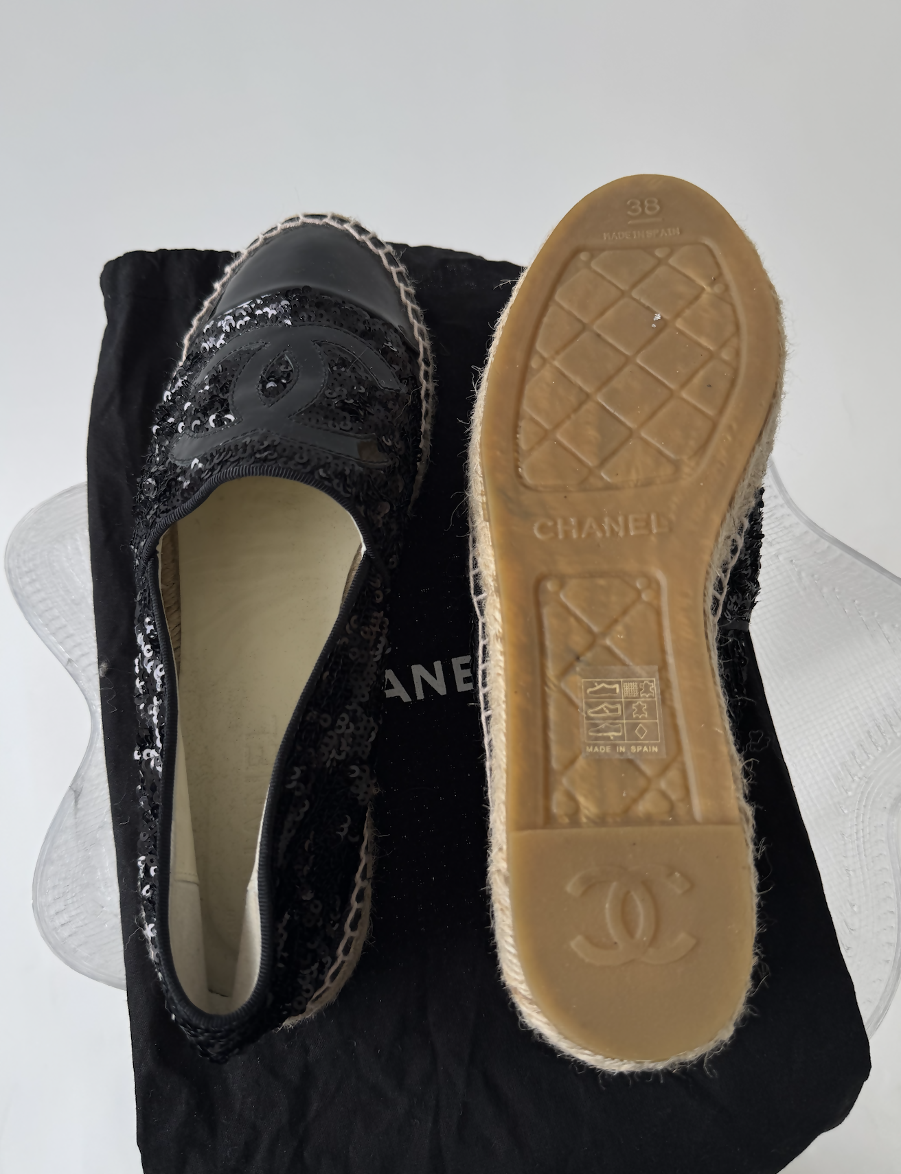 Chanel Black Sequins and Patent Leather CC Cap Toe Espadrille