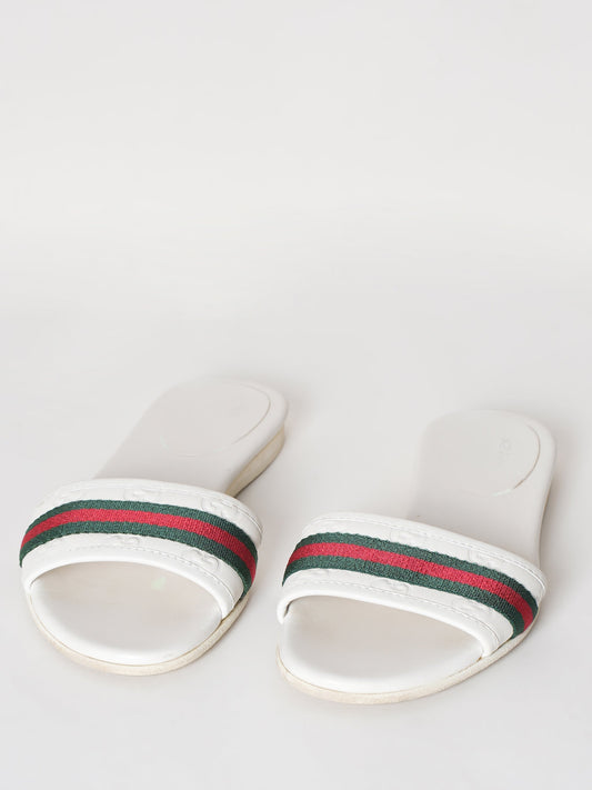 Gucci White Guccissiam Leather Web Flat Slide Sandals