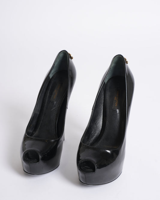 Louis Vuitton Oh Really Black Patent Leather Peep-Toe Heels