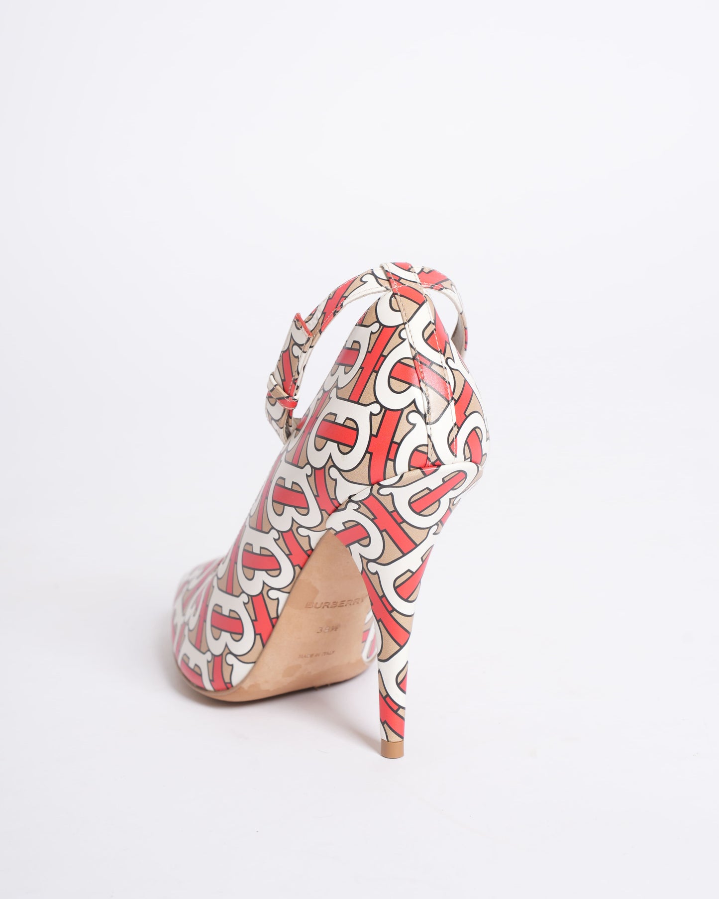 Burberry women’s Tan/Red/White Leather TB Monogram Ankle Strap Pumps