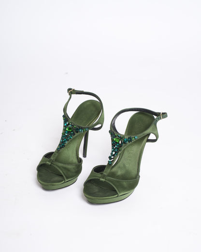 New Burberry Satin Heels in Green with Diamanté