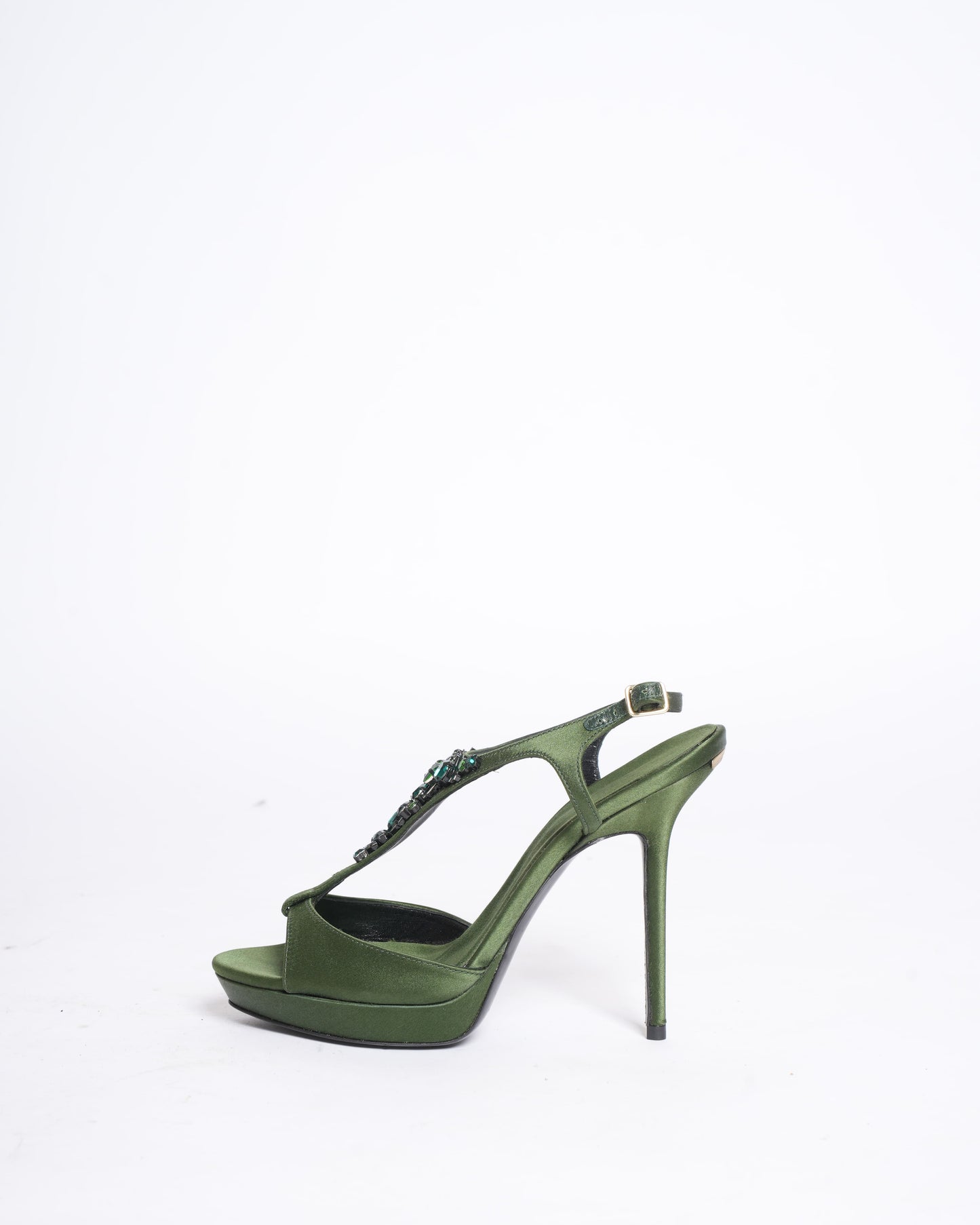 New Burberry Satin Heels in Green with Diamanté