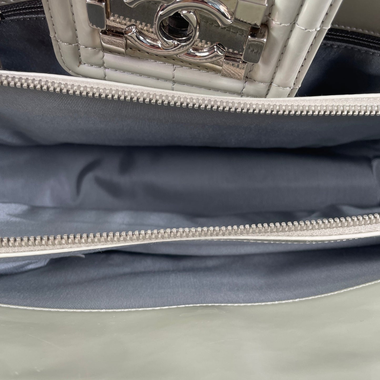 Gray Chanel Iridescent Patent Boy Reverso Shopping Tote