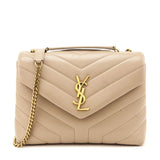 Saint Laurent Beige Calfskin Y Quilted Monogram Small Loulou Chain Satchel