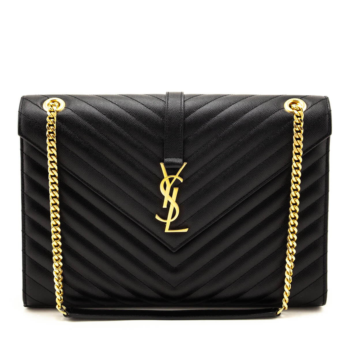 Saint Laurent Black Grain De Poudre Matelasse Chevron Large Monogram Satchel