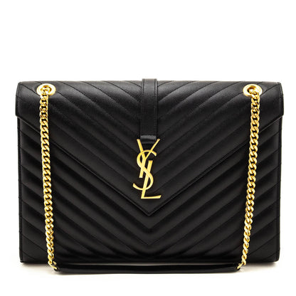 Saint Laurent Black Grain De Poudre Matelasse Chevron Large Monogram Satchel