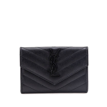 Saint Laurent Black Grain De Poudre Matelasse Chevron Small Monochrome Monogram Envelope Wallet