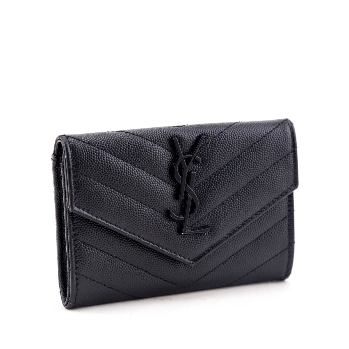 Saint Laurent Black Grain De Poudre Matelasse Chevron Small Monochrome Monogram Envelope Wallet