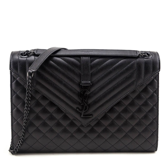 Saint Laurent Black Grain de Poudre Mixed Matelasse Triquilt Large Monogram Satchel