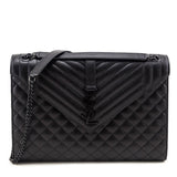 Saint Laurent Black Grain de Poudre Mixed Matelasse Triquilt Large Monogram Satchel