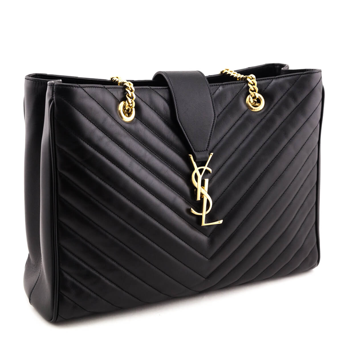 Saint Laurent Black Matelasse Chevron Large Shopping Bag