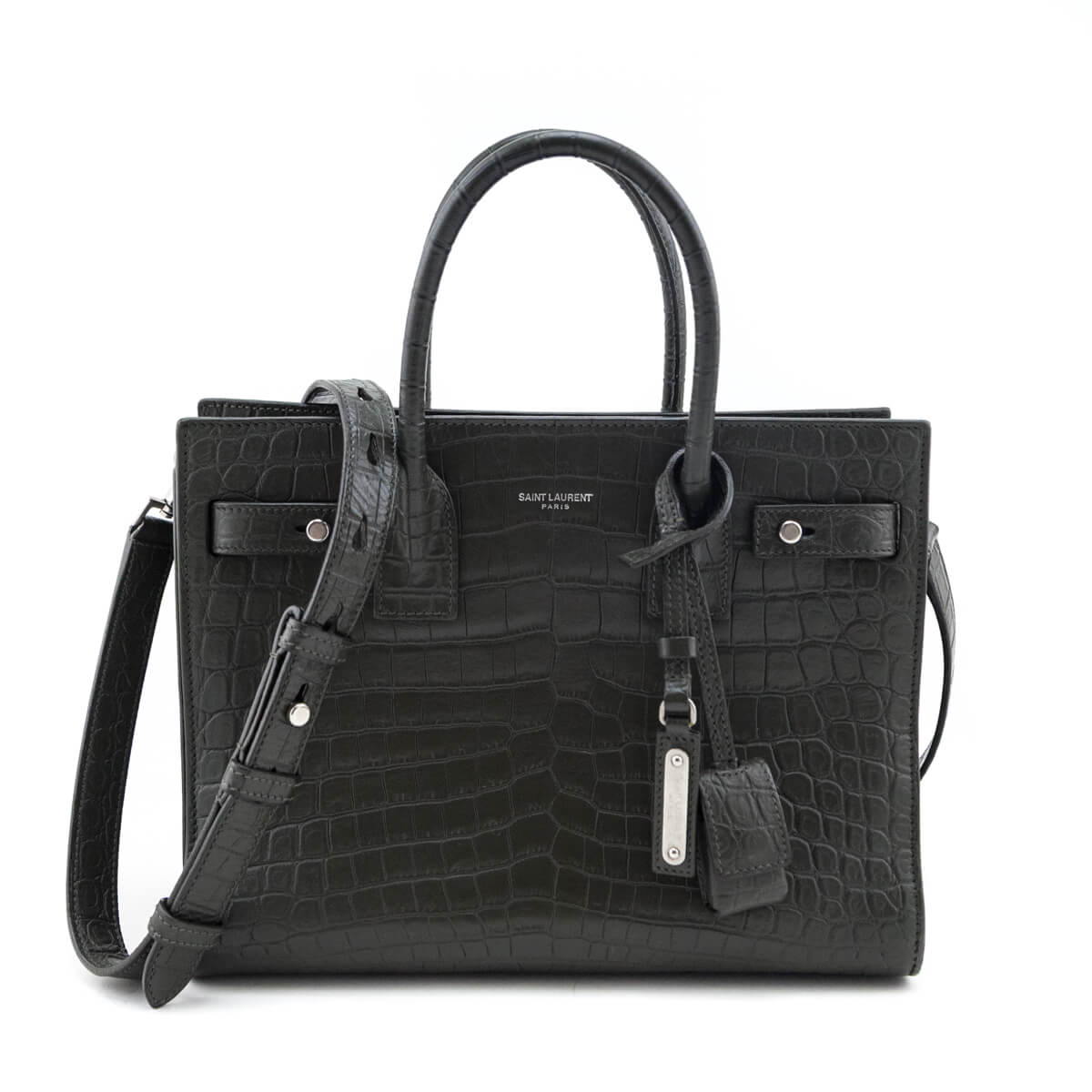 Saint Laurent Dark Green Calfskin Crocodile Embossed Small Sac de Jour