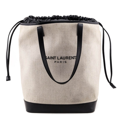 Saint Laurent Ivory Canvas & Black Calfskin Teddy Drawstring Shopping Tote