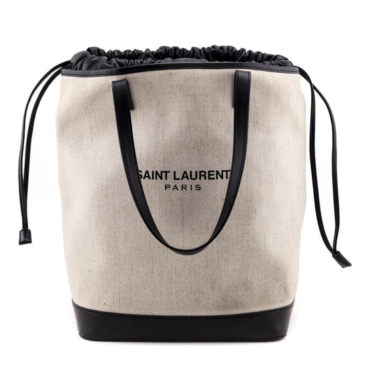 Saint Laurent Ivory Canvas & Black Calfskin Teddy Drawstring Shopping Tote